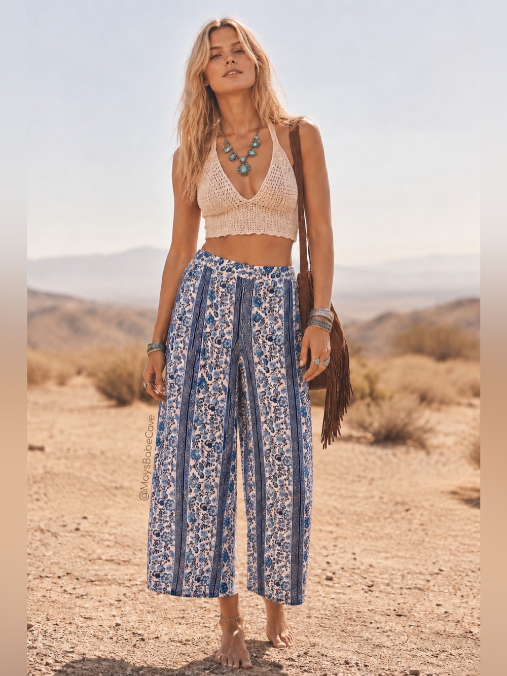 H&M Blue & White Floral Culotte Cropped Pants